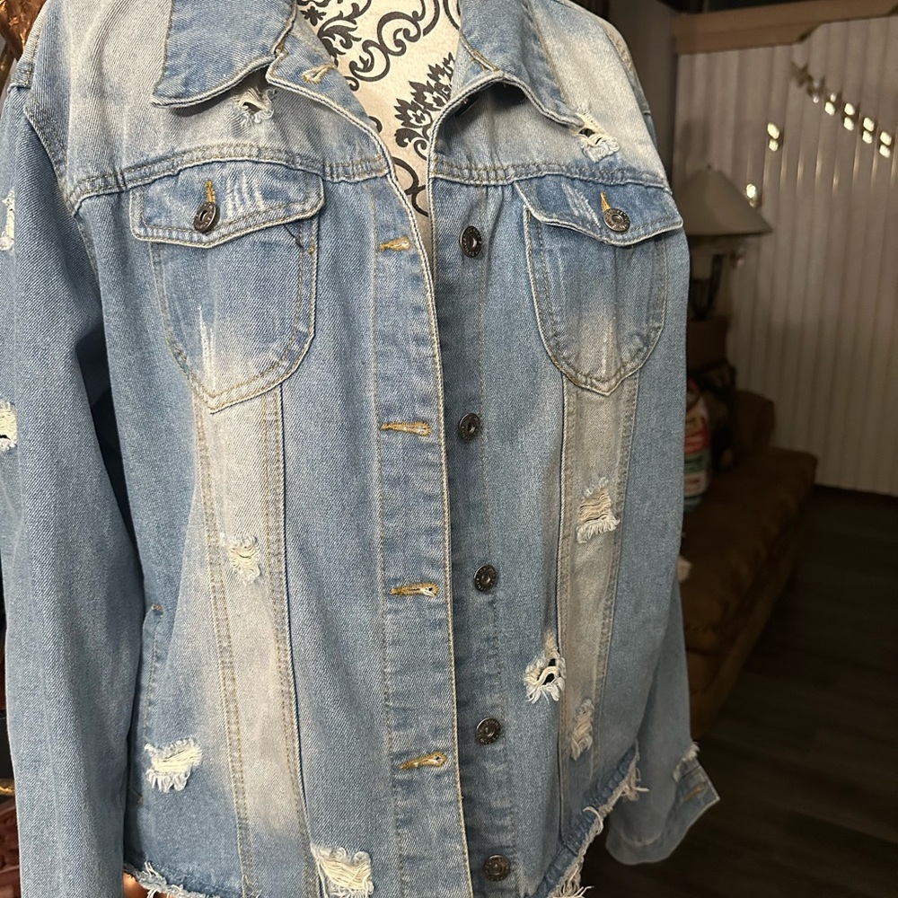 Stylish Light Blue Distressed Jean Jacket
